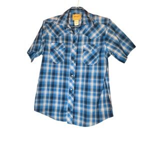 Wrangler Western Shirts Mens L Blue Plaid Short Sleeve Pearl Snap Button Up